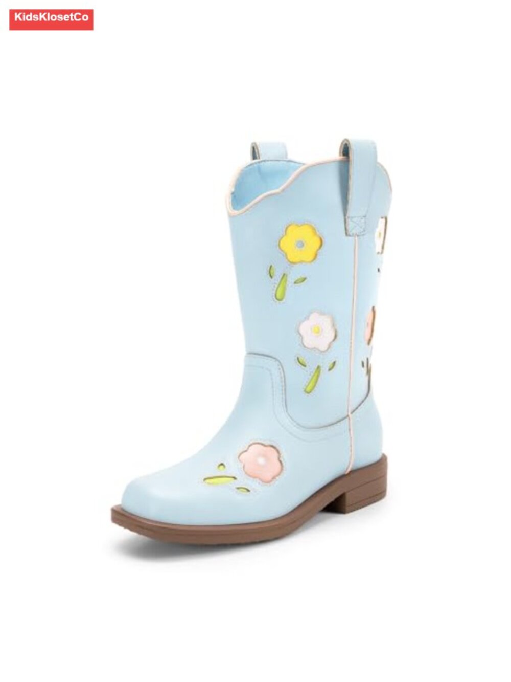 Girls Floral Embroidered Square Toe Cowboy Boots with Dual Pull Tabs - Picture 1 of 6